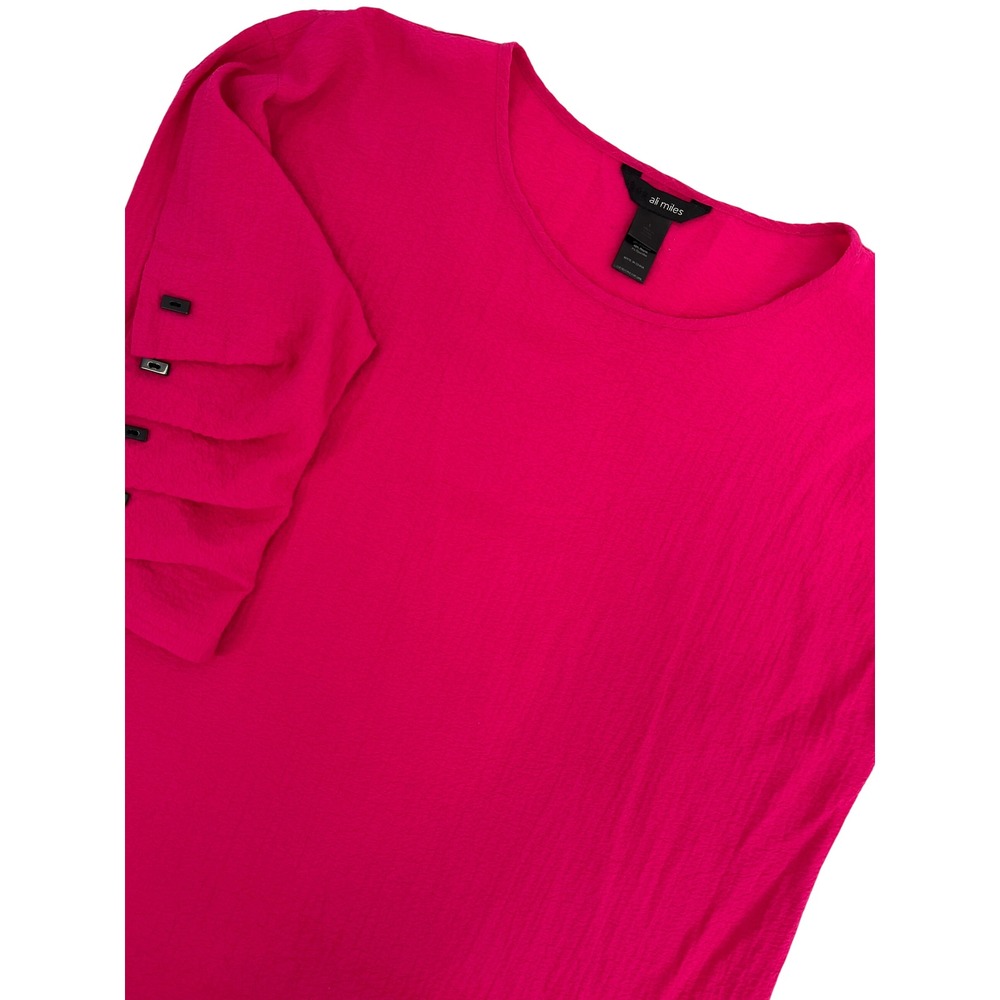 Ali Miles Womens Fuchsia Pink Textured Ruffle Button Sleeve Tunic Top Large